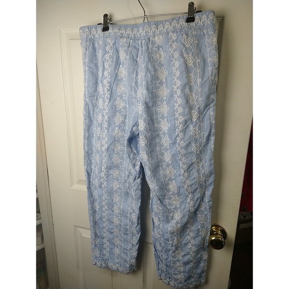 Loft 100 Linen Blue White Embroidery Elastic Waist Pants. Size M - Picture 12 of 12